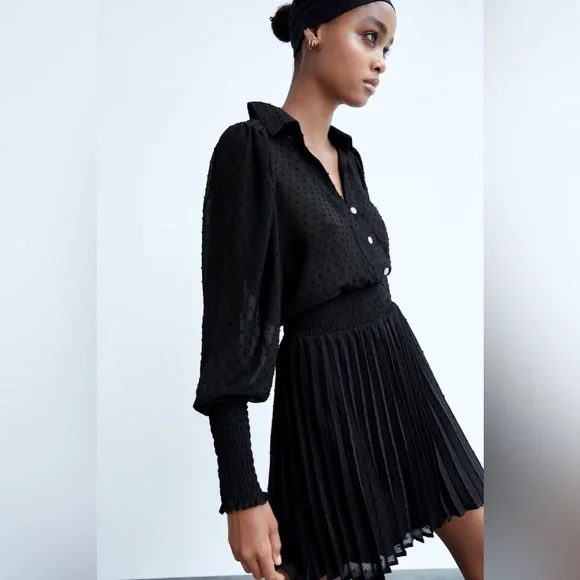 Zara Dresses Zara Nwt Pleated Dotted Mesh Dress Size L Poshmark - Main Image